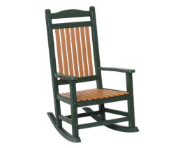 Sonrise poly lumbar rocker in cedar on turf green.